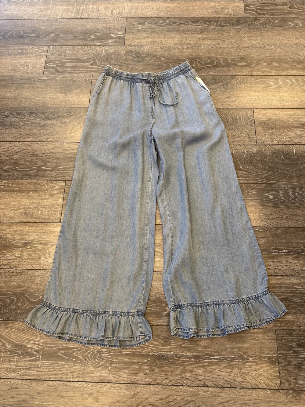 Doe & Rae Light Blue Ruffle-Hem Wide-Leg Jeans